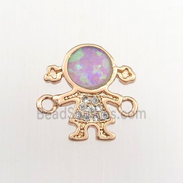 copper kids connector paved zircon with fire opal, cartoon, rose gold