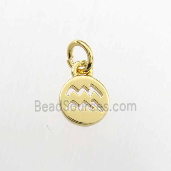 copper circle pendant, zodiac aquarius, gold plated