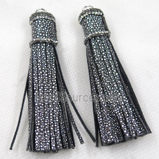 black PU leather tassel pave rhinestone