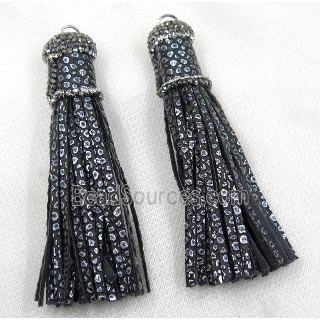 black PU leather tassel pave rhinestone