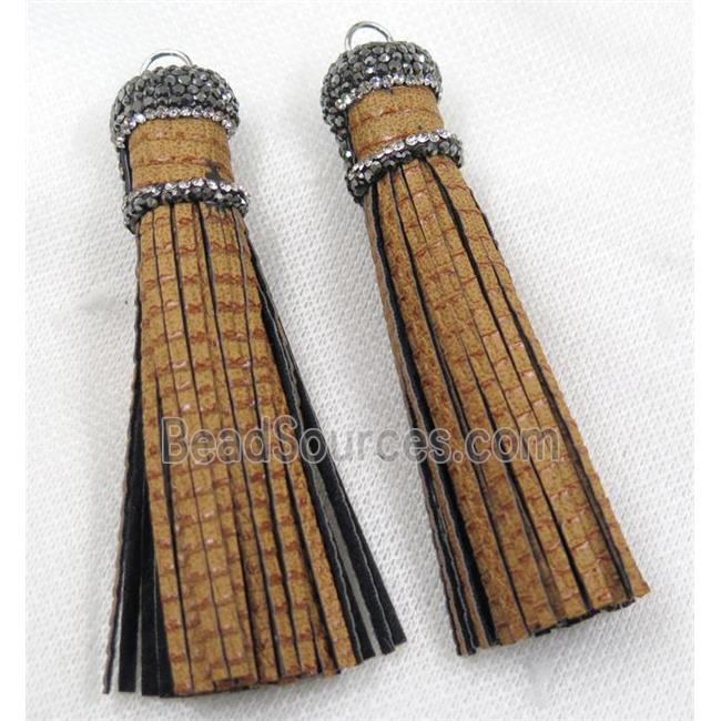 brown PU leather tassel pave rhinestone