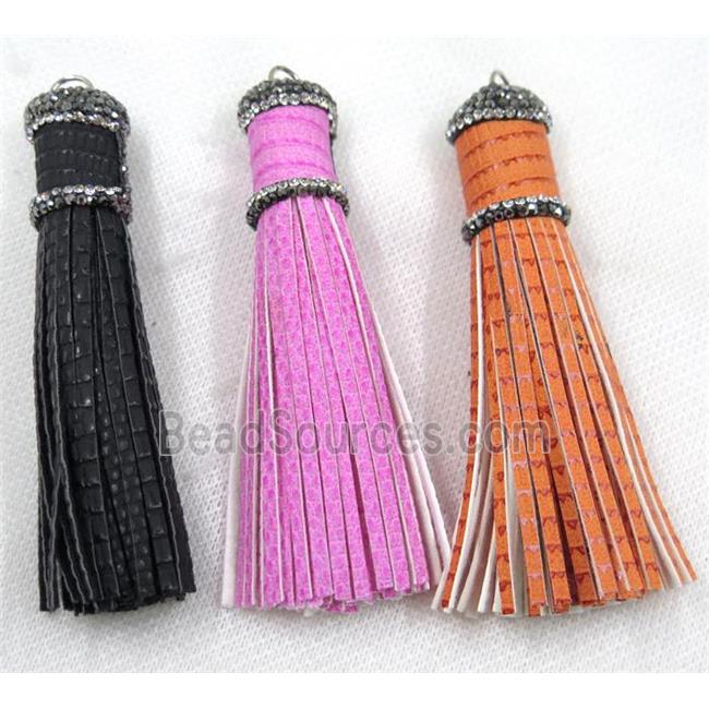 PU leather tassel pave rhinestone, mix color