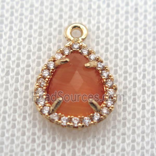 copper teardrop pendant pave zircon with orange crystal glass, gold plated