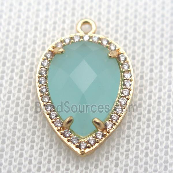 copper teardrop pendant pave zircon with green crystal glass, gold plated