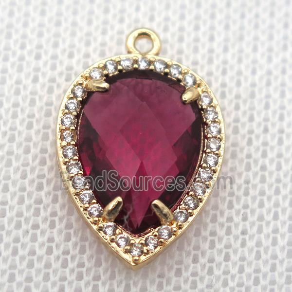 copper teardrop pendant pave zircon with redwine crystal glass, gold plated