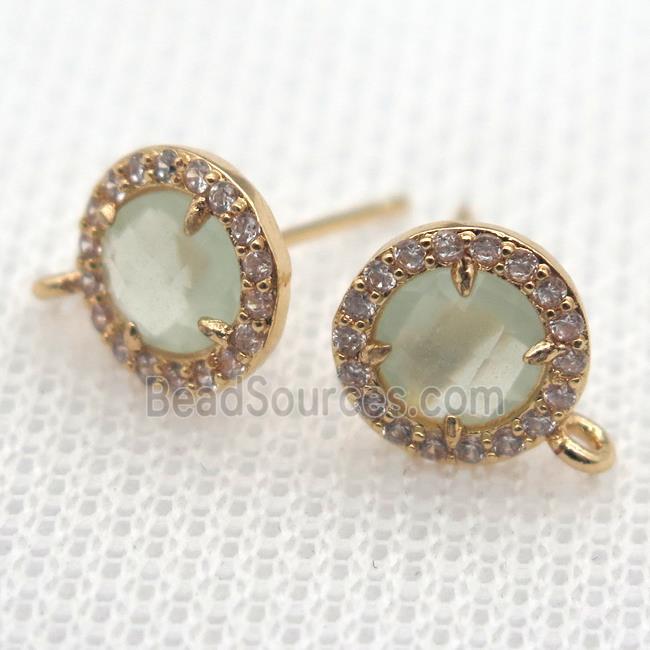 copper circle stud Earrings pave zircon with lt.green crystal glass, gold plated