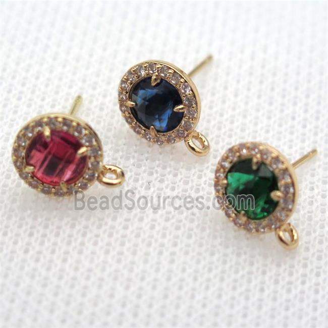 copper circle stud Earrings pave zircon with crystal glass, mixed color, gold plated