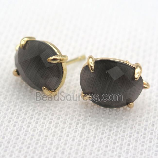 copper stud Earrings with gray crystal glass, gold plated