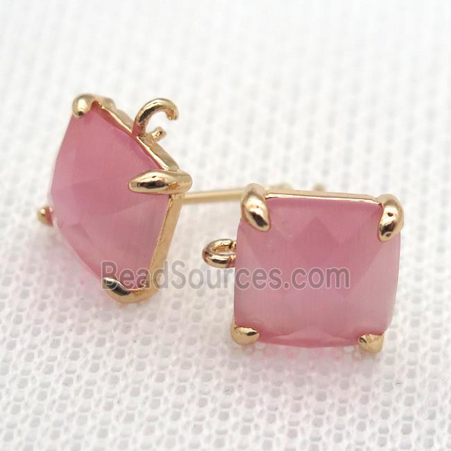 copper square stud Earrings with pink crystal glass, gold plated