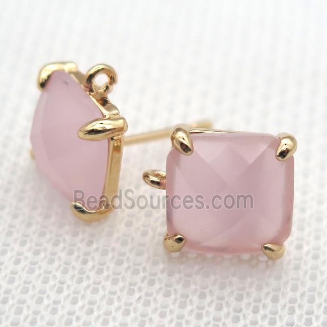 copper square stud Earrings with lt.pink crystal glass, gold plated