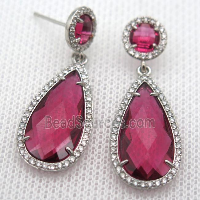 copper teardrop stud Earrings pave zircon with redwine crystal glass, platinum plated