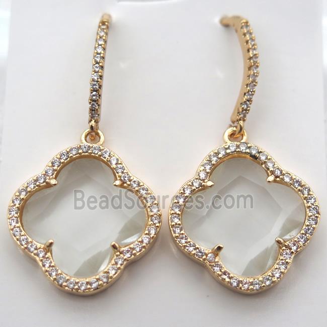 copper clover Hoop Earrings pave zircon with white crystal glass, gold plated