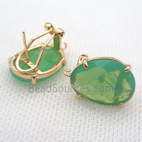 copper clip Earrings with green crystal glass, gold plated