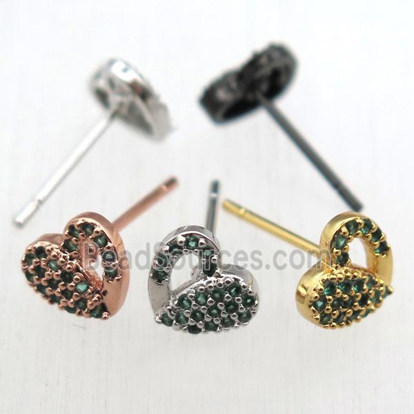 copper stud Earrings pave zircon, heart, mixed color