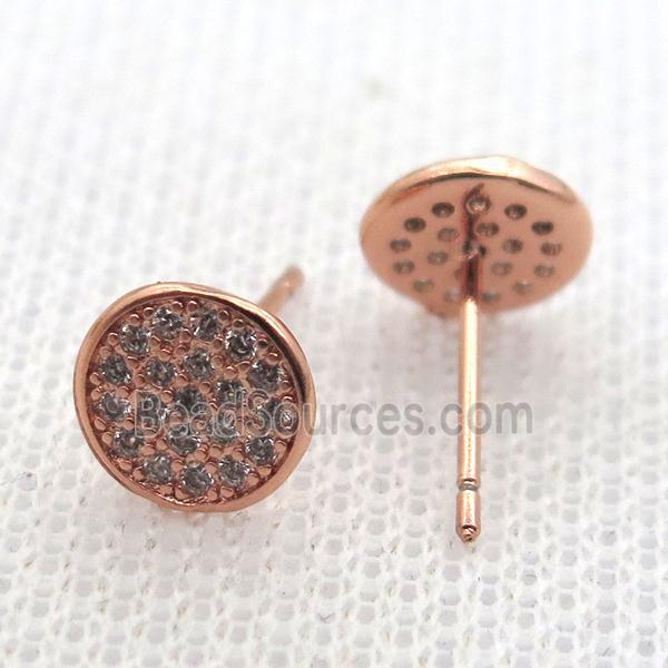 copper stud Earrings pave zircon, circle, rose gold