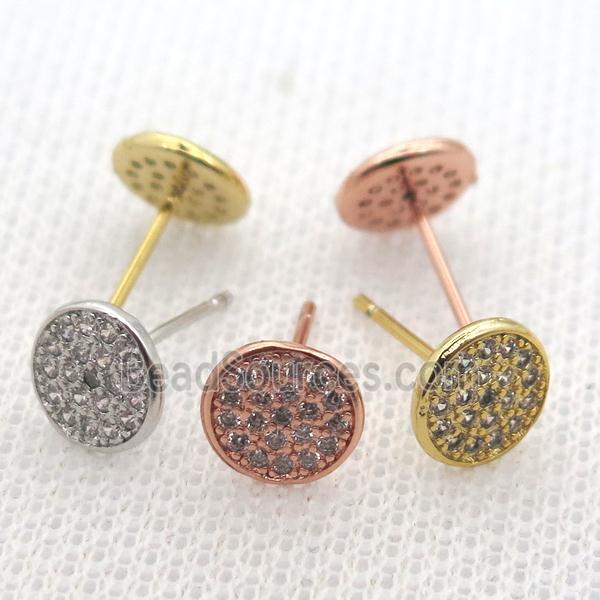 copper stud Earrings pave zircon, circle, mixed color