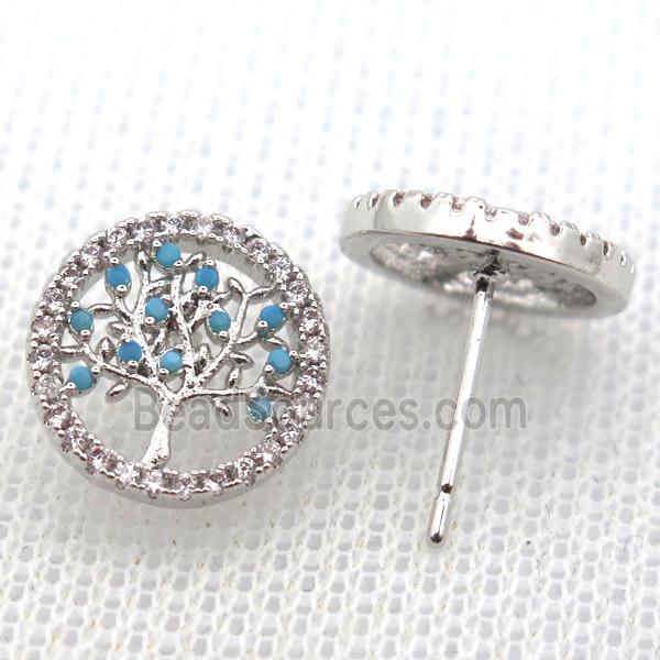 copper stud Earrings pave zircon, tree of life, platinum plated