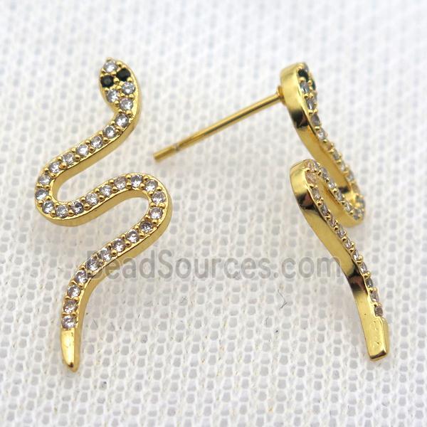 copper stud Earrings pave zircon, snake, gold plated