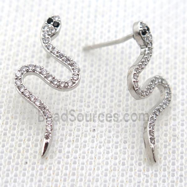 copper stud Earrings pave zircon, snake, platinum plated