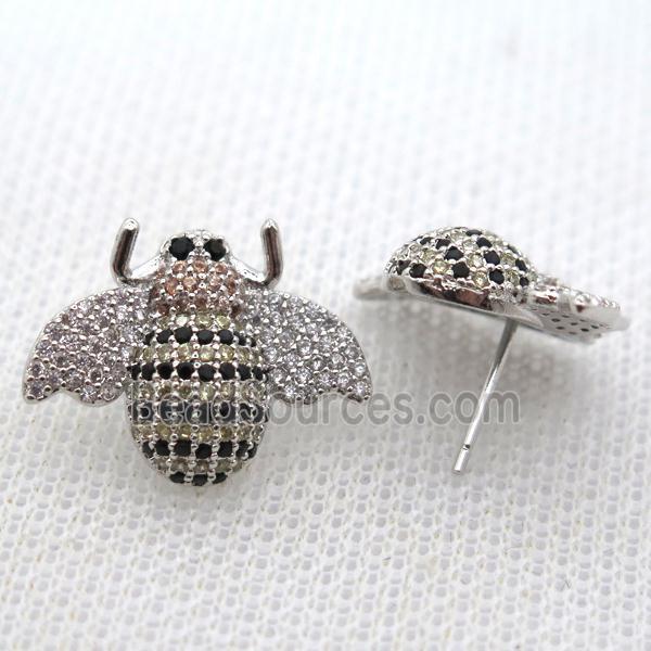 copper honeybee earring studs pave zircon, platinum plated