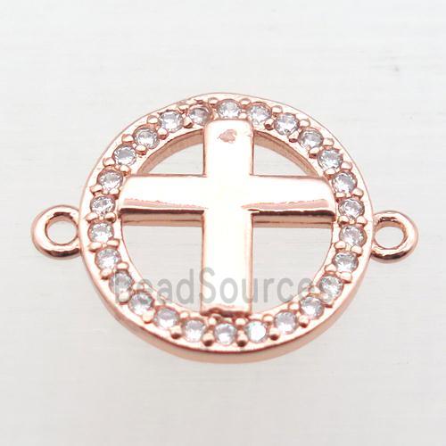 copper circle cross connector pave zircon, rose gold