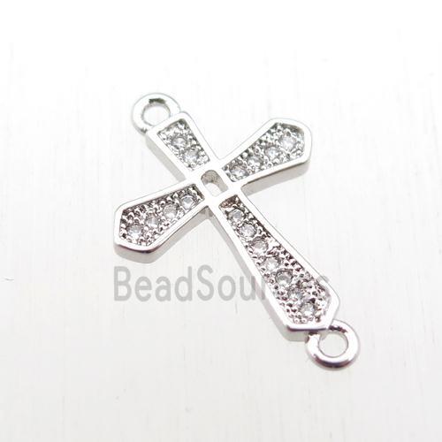 copper cross connector paved zircon, platinum plated