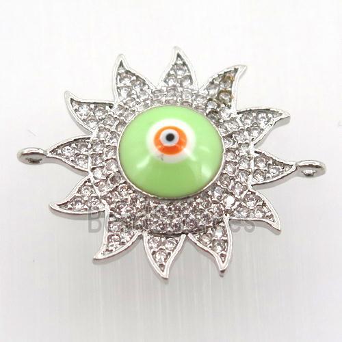 copper sun connector pave zircon with evil eye, platinum plated