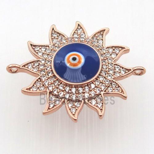 copper sun connector pave zircon with evil eye, rose gold