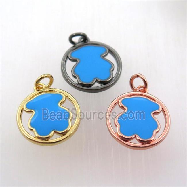 copper circle pendant with blue enameling bear, mix color