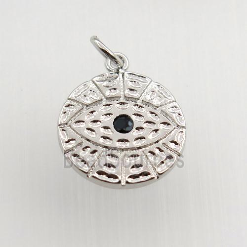 copper circle pendant paved zircon, eye, platinum plated