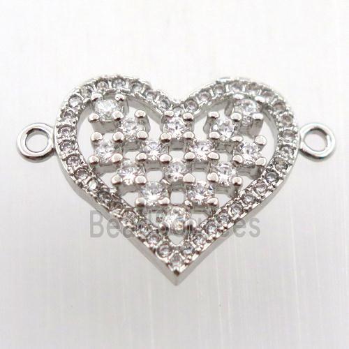 copper heart connector paved zircon, platinum plated