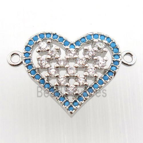 copper heart connector paved zircon, platinum plated