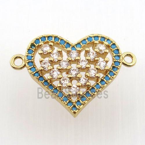 copper heart connector paved zircon, gold plated