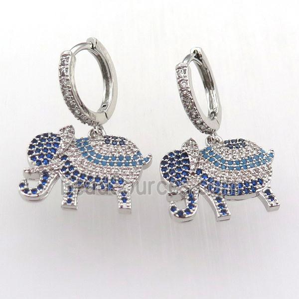 copper hoop earring pave zircon with elephant, platinum plated