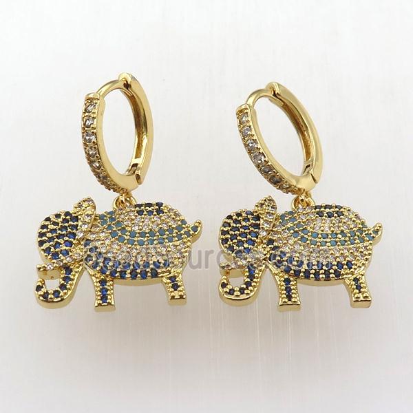 copper hoop earring pave zircon with elephant, gold plated