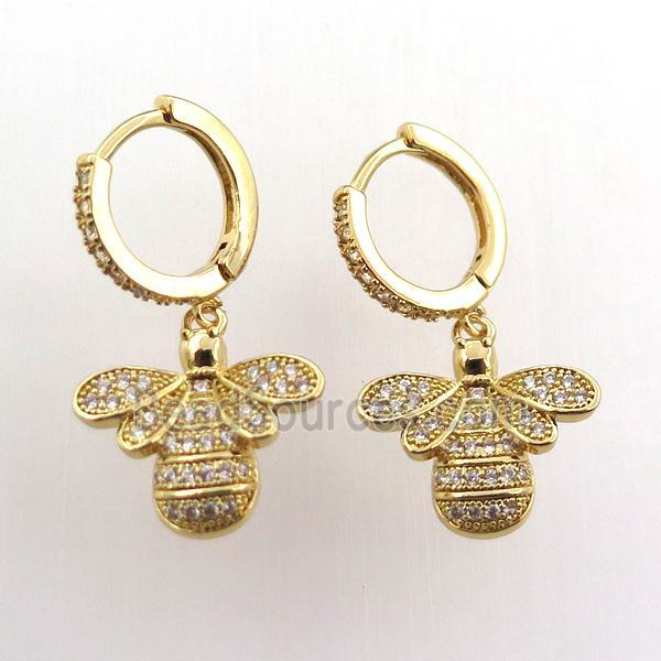 copper hoop earring pave zircon with honeybee, gold plated