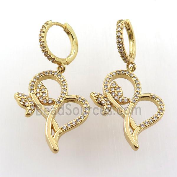 copper hoop earring pave zircon with butterfly, gold plated