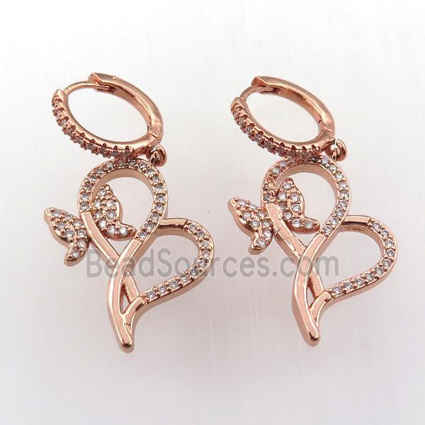 copper hoop earring pave zircon with butterfly, rose gold