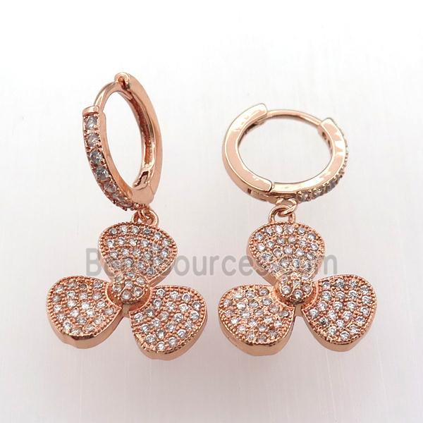 copper hoop earring pave zircon with clover, rose gold