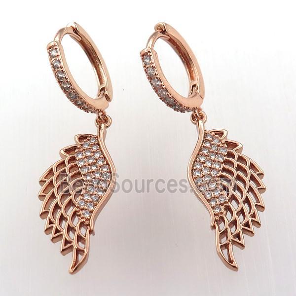 copper hoop earring pave zircon with angelwing, rose gold