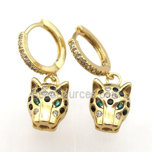 copper hoop earrings paved zircon with leopardhead, gold plated