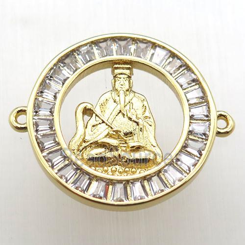 copper circle connector paved zircon, buddha, gold plated