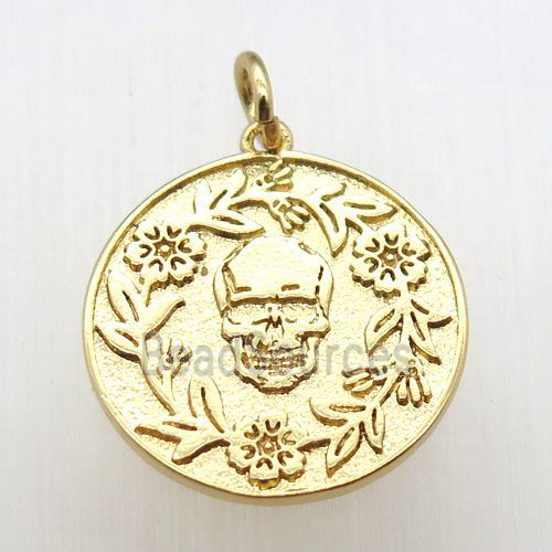 copper circle pendant, skull, gold plated