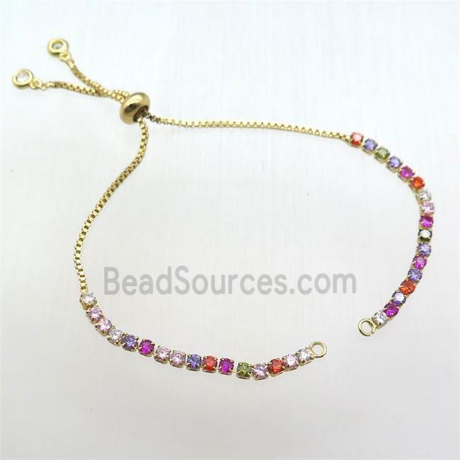 copper bracelet chain paved zircon, multi color, gold plated