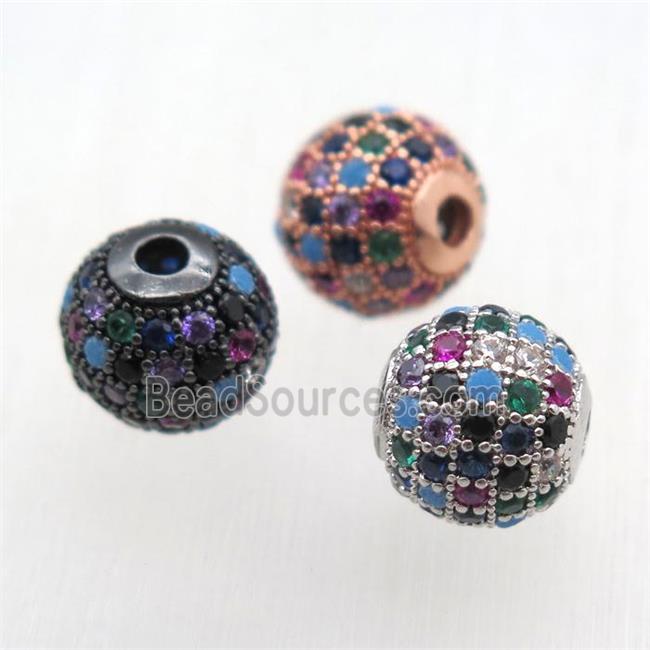 round copper beads pave zircon, multi color, mixed