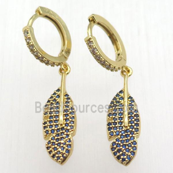 copper hoop earrings pendant pave zircon, leaf, gold plated