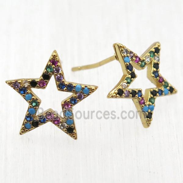 copper star Stud Earrings pave zircon, gold plated