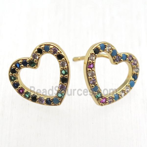 copper heart Stud Earrings pave zircon, gold plated