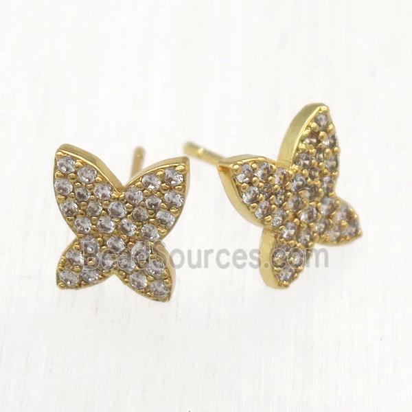 copper butterfly Stud Earrings pave zircon, gold plated