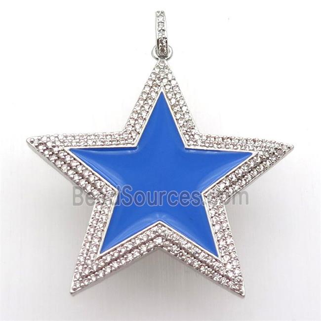 copper star pendant paved zircon, blue enameling, platinum plated